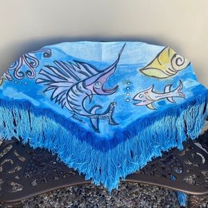 HAND PAINTED SEASCAPE FRINGED WRAP Scarf Blue OS